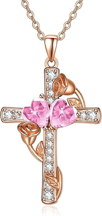 Rose Gold Dual Birthstones Cross Necklace for Women Rose Flower Jewelry Anniversary Christmas Mother's Valentine's Day Birthday Gift for Wife Girlfriend Mom - Bloomnest