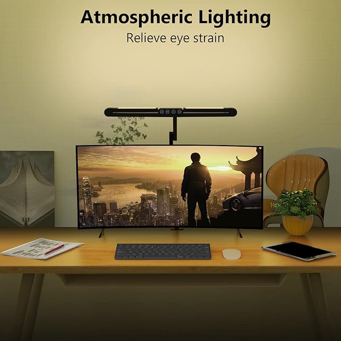 Micomlan Led Desk Lamp with Clamp, Architect Desk Lamp for Home Office with Atmosphere Lighting, 24W Ultra Bright Auto Dimming Computer Light Stepless Dimming and Tempering LED Table Light - Bloomnest