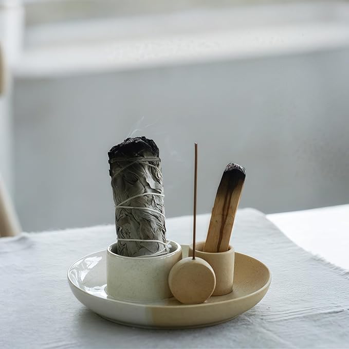 4 in 1 Incense Holder, Ceramic Incense Stick and Palo Santo Holder,Sage Holder for Burning- 5.5" Ceramic Ash Catcher Tray for Meditation and Yoga Room (White Sand) - Bloomnest