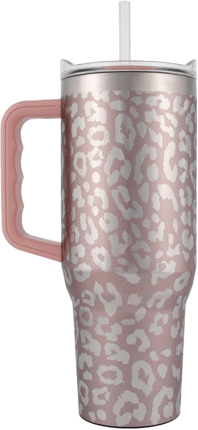 Yukon Outfitters Fit Forty 40oz Double Wall Vacuum Insulated Stainless Steel Tumbler with Reusable Straw & Ergonomic Handle | For Hot or Cold Beverage, Rose Gold Leopard - Bloomnest