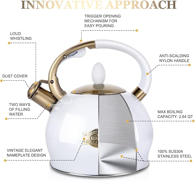 SUSTEAS Stove Top Whistling Tea Kettle - Food Grade Stainless Steel Teakettle Teapot with Cool Touch Ergonomic Handle, With 1 Silicone Pinch Mitt Included, 2.64 Quart(WHITE) - Bloomnest