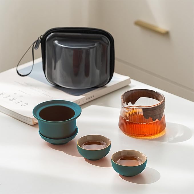 fanquare Ceramic Tea Pot Set Porcelain Kung Fu Teapot Set with 2 Mini Teacups Infuser Portable Handbag for Travel Tea Pot with Wooden Protection, Green - Bloomnest