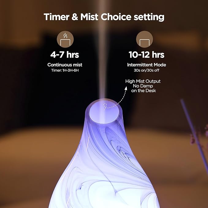 Essential Oil Diffuser, Art Glass Ultrasonic Aromatherapy Diffuser for Home 160ml with Intermittent Mist & LED 7 Colorful Changing Night Light for Bedroom-Ink Dyeing Time - Bloomnest
