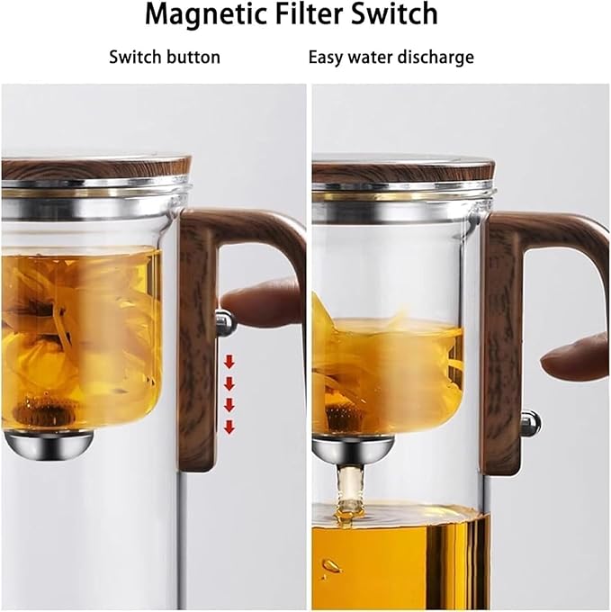 Enchantipot Magic TeaPot, 900ML Water Separation Glass Tea Pot with Wooden Handle, Press Control Magic Tea Infuser, For Loose Tea Kettle Witchcraft Teapot