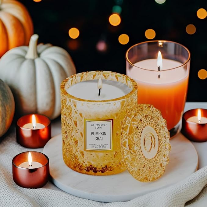 Chloefu LAN Pumpkin Chai Candles Halloween Candle Gift, Farmhouse Candles for Home, Luxury Scented Soy Jar Fall Candle with up to 55 Hour Long Lasting, Home Decor, Barn Fall Decor Pottery, 8.1oz - Bloomnest