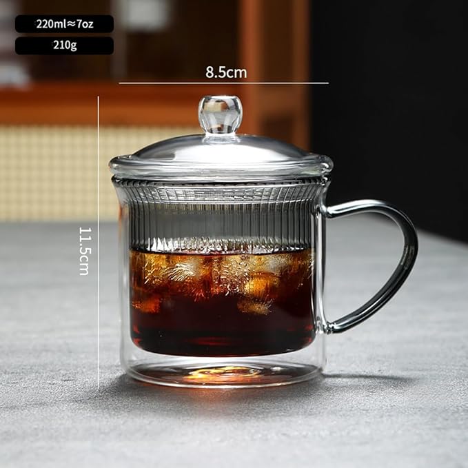 7OZ Double Walled Coffee Mugs Glass with Lid Handles,Cups for Latte,Hot Tea,Cappuccino, Mocha,Cocoa,Hot & Cold Beverages Glasses Heat Resistant Coffee Cups - Bloomnest