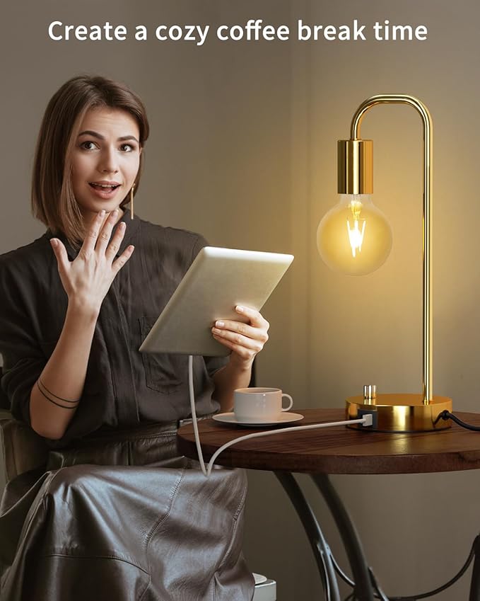 ONEWISH Industrial Table Lamp Set of 2 with USB A&C Charging Port, Stepless Dimmable Nightstand Bedside Lamps for Bedroom,Desk Lamps with 2700K Gold Gradient Bulb for Reading Living Room - Bloomnest