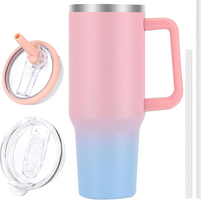 40 oz Tumbler with Handle and Flip Straw Lid, Vacuum Insulated Leak Proof Double Walled Stainless Steel Travel Mug Tumblers, Maintains Cold Ice and Heat for Hours(Pink Blue Gradient) - Bloomnest