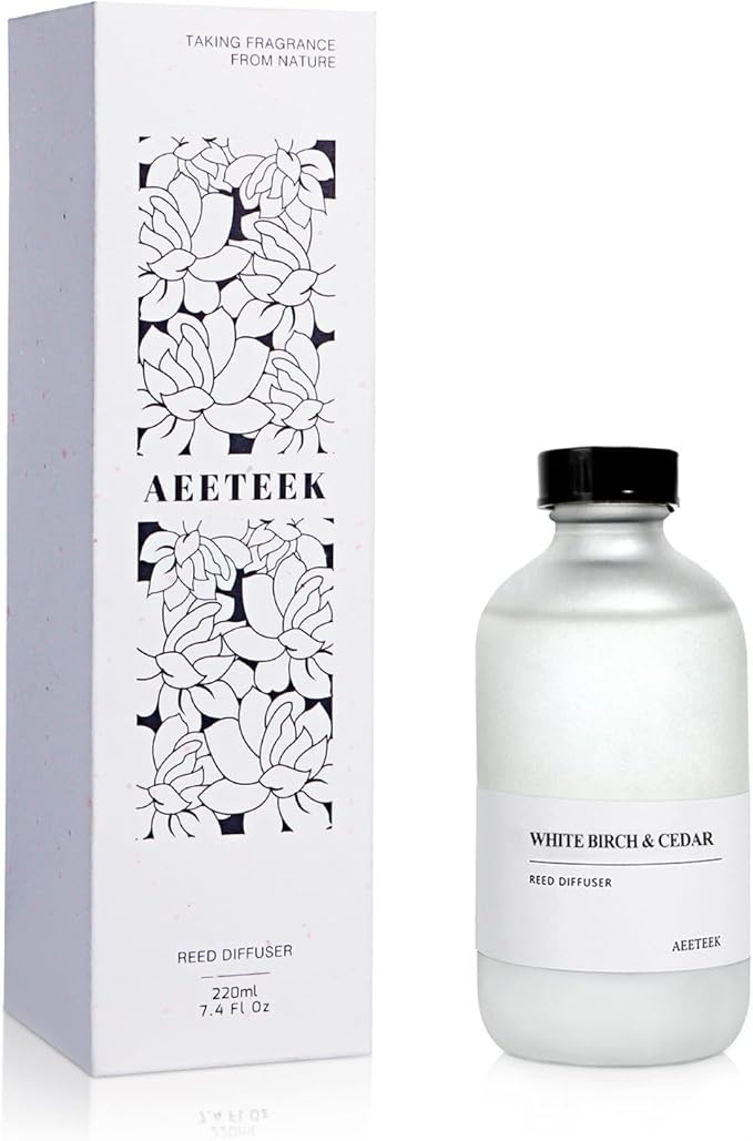 White Birch & Cedar Reed Diffuser, 7.4oz(220ml) Large Bottle Essential Oils, Scented Oil Refill for Waterless Diffuser, Air Freshener for Bathroom with Willow Branches Decor (1-Pack) AEETEEKHOMEFRAGRANCE