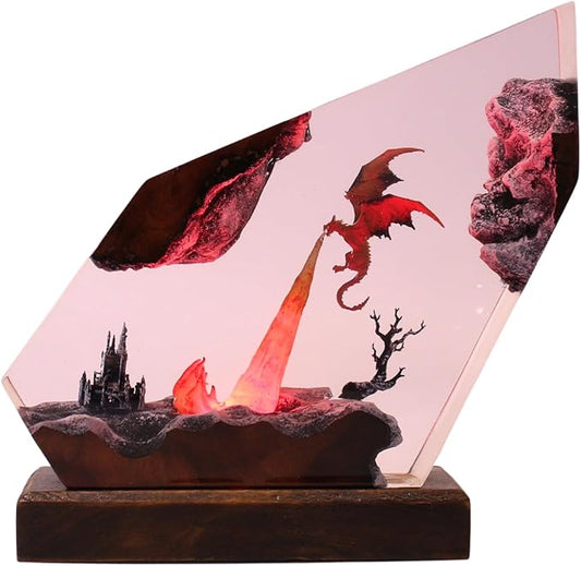 Handmade 3D Ocean Resin Lamp, Epoxy Ocean Night Light with Wooden Base, LED Color Changing Table Lamp, USB Powered Dragons Decor, Unique Ocean Gift for Bedroom & Home Office (Fire Dragon) - Bloomnest