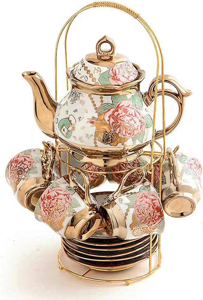 CHANJOON tea sets Gold Plated Red Rose Ceramic Tea Set, Vintage Teapot Tea Sets Beautiful Tea Set Coffee Serving 6 People (Golden, Medium) - Bloomnest
