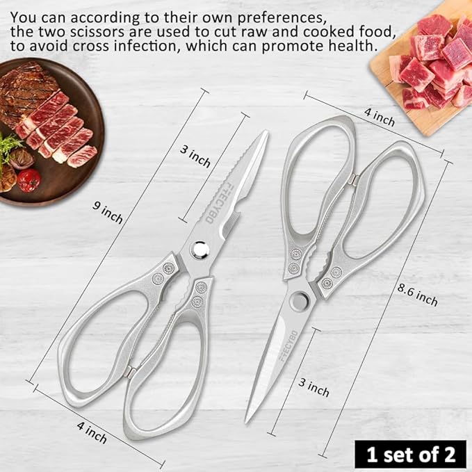 All Purpose Heavy Duty Shears, 2-Pack Kitchen Scissors for Food, Metal Handle Stainless Steel Cooking Scissors for Kitchen, Chicken, Fish, Meat, Poultry, Herbs (Silver) - Bloomnest