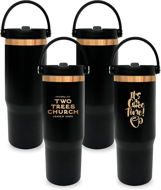30 oz Tumbler with Handle, Double Wall Vacuum Insulated Tumblers with Flip Straw, Coffee Mug 30oz Powder Coated Cup for Hot and Cold Drinks(Copper Plated, Black,4 pack)