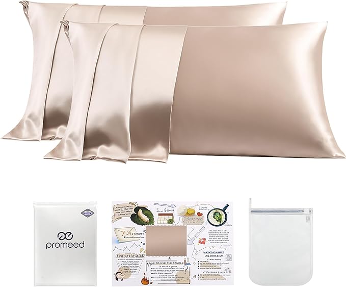 PROMEED 23 Momme Silk Pillowcase 2 Pack Toddler/Travel Size with Free Laundry Bag, Highest Grade 6A+ 100% Mulberry Silk Pillow Case Set of 2, Zipper (Toddler/Travel 13"x18", Champagne) - Bloomnest