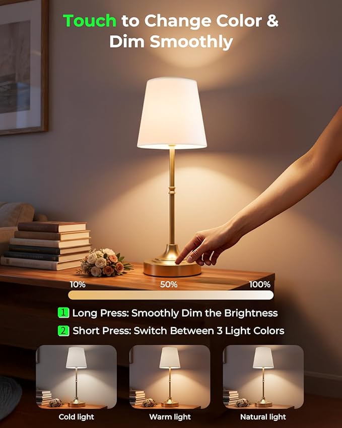 Gold Cordless Rechargeable Table Lamp, Touch LED Bedside Lamp, 5200mAh Battery Operated Lamp, 3 Shades + 3 Color Stepless Dimming, Portable Wireless Small Table Lamp for Bedroom,Kitchen - Bloomnest