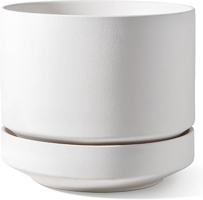 LE TAUCI Large 14 Inch Plant Pot with Saucer | Ceramic Outdoor & Indoor Big Planter Pot | Drainage Hole, Mesh Pad & Plug | Unglazed Porous | Modern Minimalist for Home and Patio – Chalk White - Bloomnest