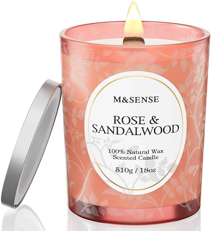 M&SENSE Rose Sandalwood Scented Candle, Cracking Wooden Wick Soy Wax, 18oz 100 Hours Long Lasting Clean Burn, Large Jar Candles for Home Decor, Non-Toxic Relaxing Aromatherapy Gifts for Women - Bloomnest