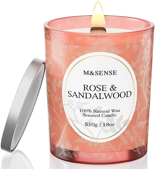 M&SENSE Rose Sandalwood Scented Candle, Cracking Wooden Wick Soy Wax, 18oz 100 Hours Long Lasting Clean Burn, Large Jar Candles for Home Decor, Non-Toxic Relaxing Aromatherapy Gifts for Women - Bloomnest