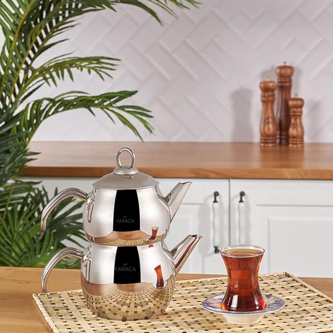 Karaca Adelya Stainless Steel Induction Teapot Set with 0.65L Teapot & 1.1L Tea Kettle, Traditional Turkish Tea Set Brewing System, Dishwasher Safe, Silver - Bloomnest