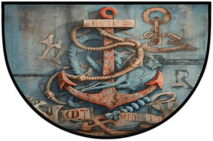 Half Round Door Mat, Nautical Anchor Non-Slip Half Circle Area Rug Wooden Anchor Doormat Washable Durable Home Decor Half Moon Rug for Floor Indoor Outdoor Living Room Bedroom Kitchen Patio - Bloomnest