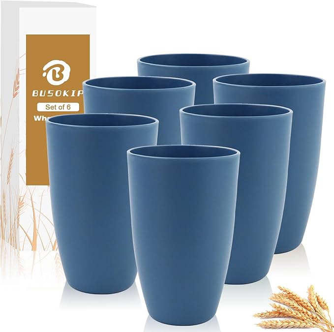 Wheat Straw Cups Large Drinking Cups Set of 6-20 OZ Large Capacity Plastic Tumblers Unbreakable Glasses Drinking Microwave and Dishwasher Safe Kitchen Water Glasses - Blue - Bloomnest