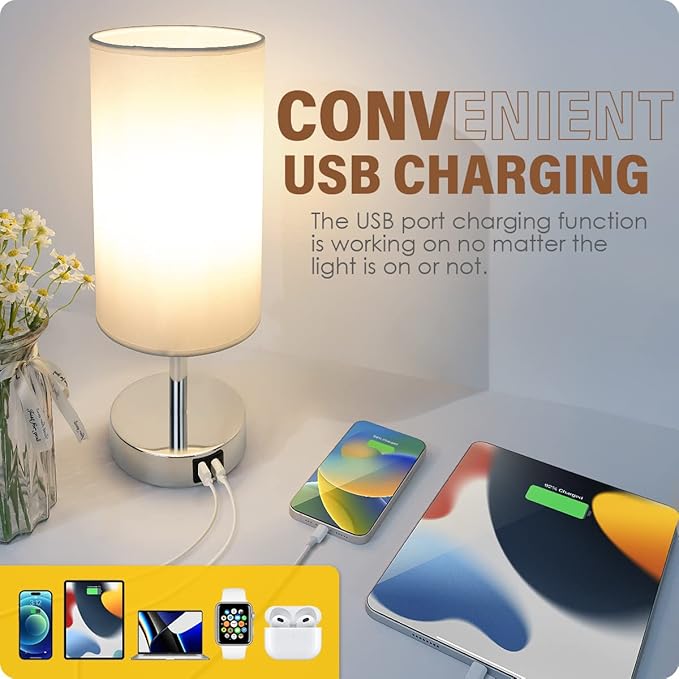 Yarra-Decor Bedside Lamp with USB Port - Touch Control Table Lamp for Bedroom 3 Way Dimmable Nightstand Lamp with Round White Fabric Shade for Living Room, Dorm, Home Office (LED Bulb Included) - Bloomnest