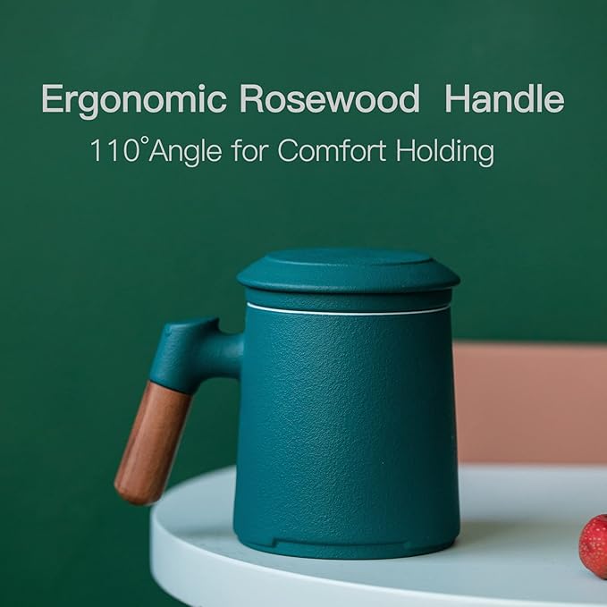 ZENS Tea Cup with Infuser and Lid, 12oz Green Tea Mug for Loose Leaf Tea Steeper, Wood Handle Tea Cup with Fine Tea Strainers Hot Diffusers, Ceramic Mugs Accessories for Tea Lovers Gifts