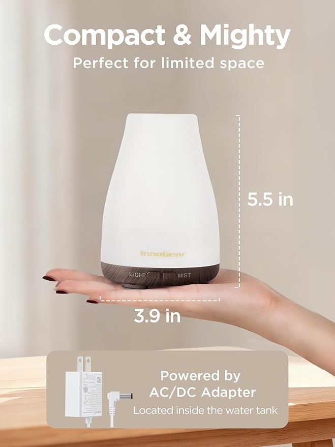InnoGear Essential Oil Diffuser, Ultrasonic Diffusers for Home Aromatherapy Humidifier for Bedroom Room 7 Colors LED 2 Mist Mode Auto Off, Brown Base - Bloomnest