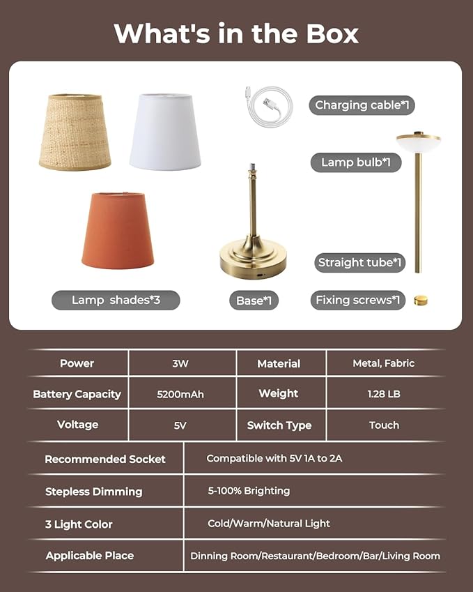 Gold Cordless Rechargeable Table Lamp, Touch LED Bedside Lamp, 5200mAh Battery Operated Lamp, 3 Shades + 3 Color Stepless Dimming, Portable Wireless Small Table Lamp for Bedroom,Kitchen - Bloomnest