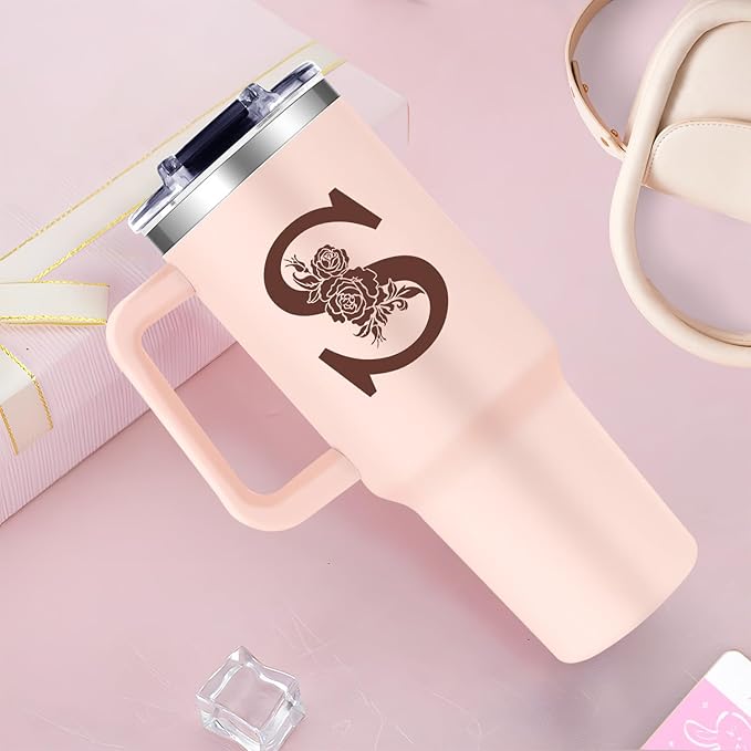 Monogrammed 40oz Tumbler with Handle for Women, Personalized Birthday Gifts for Women,Initial Cups for Woman Pink Letter S,Customized Gifts for Female Lady Gift for Mothers Day Christmas - Bloomnest