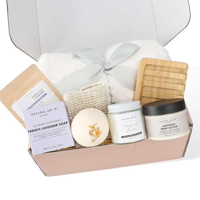 Natural Amor 8-Piece Spa Gift Set with Blanket – Self-Care Box with Lavender Body Butter, Soap, Candle – Blanket with Grey Ribbon Gift for Women, Birthday, Holiday - Bloomnest