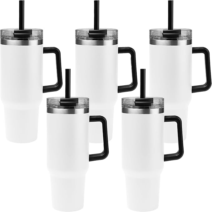 5 Ct of 40 Oz Intrepid Stainless Steel Tumbler with Lid, Straw & Handle – White – Customizable Insulated Cups for Water, Coffee, Hot & Iced Drinks – Great for DIY, Events, Work - Bloomnest