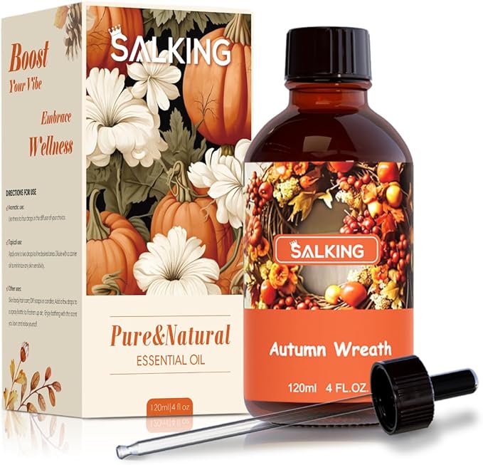 SALKING Autumn Wreath Fragrance Oil, 120ml (4 Fl Oz) Premium Essential Oils for Diffuser, Candle Scents for Candle Making, Soap Making Supplies, Autumn Diffuser Oil, Halloween Thanksgiving Gift - Bloomnest