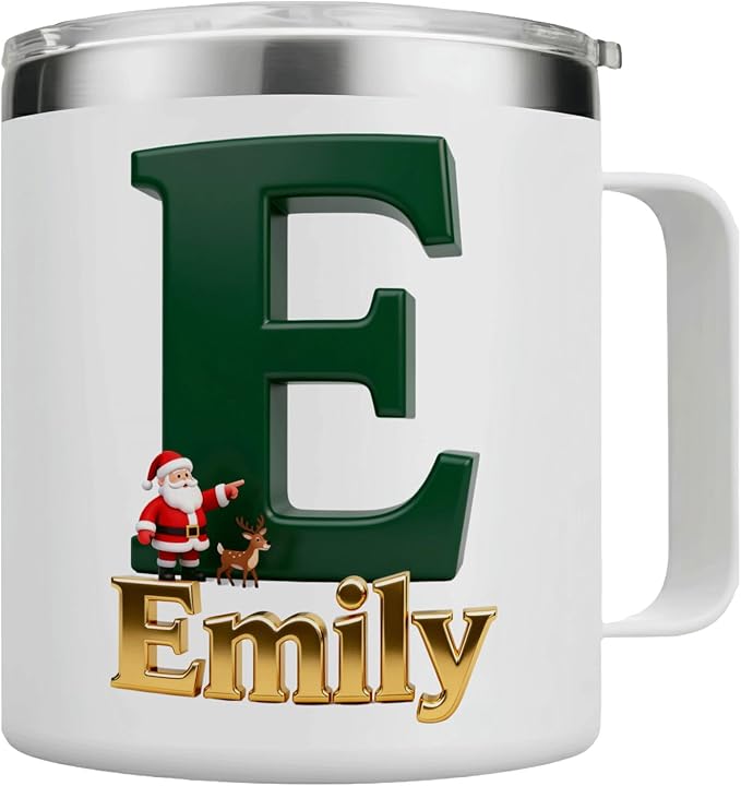 Personalized Christmas Insulated Coffee Mug with Handle – Custom Dark Green Initial Letter [C] Double Wall Stainless Steel Travel Tumbler for Drinks – Unique Holiday Gift for Men, Women, & Kids(B118) - Bloomnest