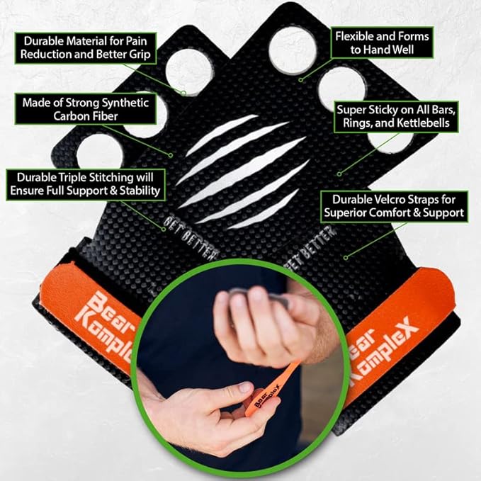 Bear KompleX 2-3 Hole Carbon Hand Grips for Weight Lifting, Cross Training and Gymnastics, Durable Workout Grips with Wrist Wraps, Comfortable Lifting Straps & Workout for Gymnastic Bars - Bloomnest