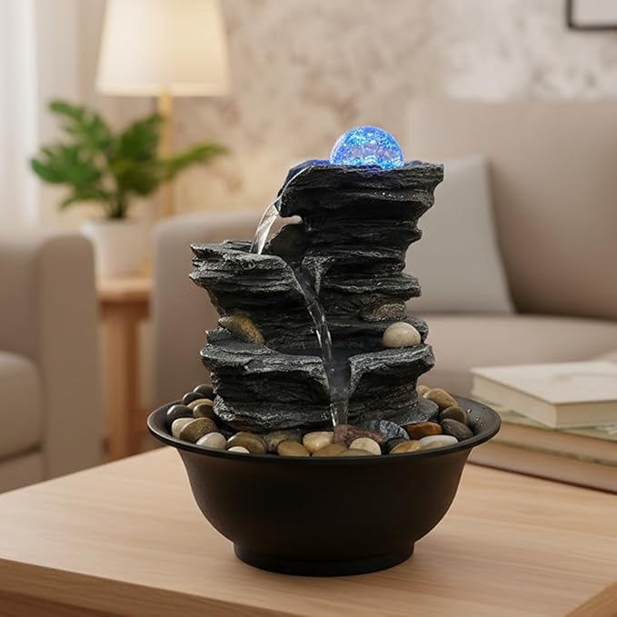 Indoor Tabletop Water Fountain, Resin Meditation Fountain with Color LED Light, Indoor Waterfall Feature for Home Office Decor (C) - Bloomnest
