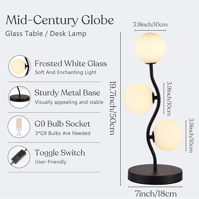 3-Light Curve Black Globe Table Lamp Mid Century Flower Beside Desk Table Light with Milk White Glass Shade Metal Base Nightstand Lamp for Bedroom Bedside - Bloomnest