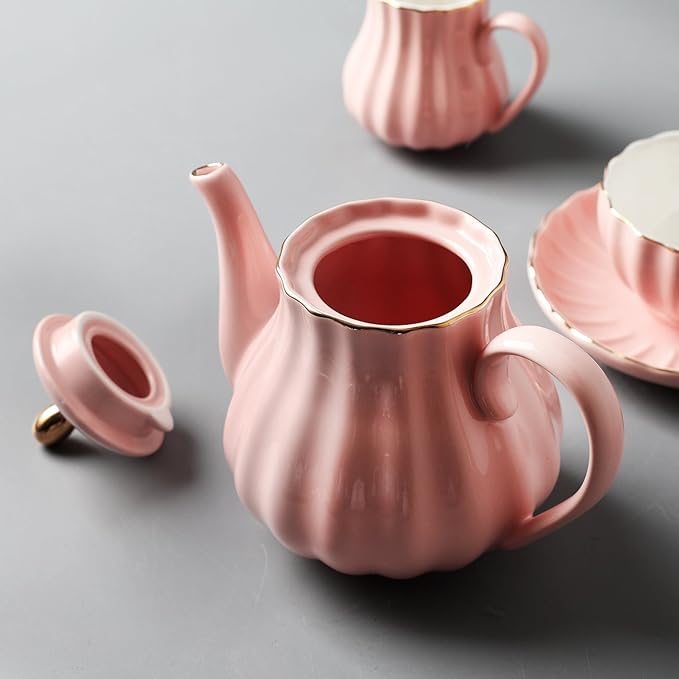 Sweejar Porcelain Tea Sets British Royal Series, 8 OZ Cups & Saucer Service for 6, with Teapot Sugar Bowl Cream Pitcher Teaspoons and Tea Strainer, Suitable for High Tea, Wedding, Party (Pink) - Bloomnest