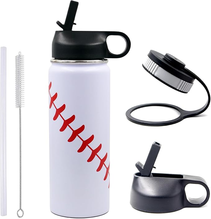 18 oz Baseball Water Bottle, Sports Flask Metal Travel Tumbler with 2 Lids, Stainless Steel Double Wall Vacuum Insulated Leak Proof Thermo Water Bottles, Baseball Accessories Gifts for Mom Boys Girls - Bloomnest