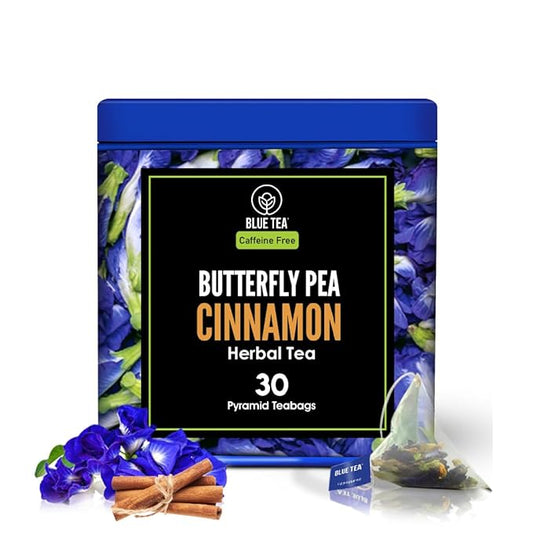 BLUE TEA - Butterfly Pea Flower Tea - Cinnamon - 30 Count - Pyramid Plant Based Tea Bag | Gokarna | ANTIOXIDANT RICH | Herbal Tea - Caffeine Free - Flower Based - Vegan - Non-Bitter | Tin Pack - Bloomnest