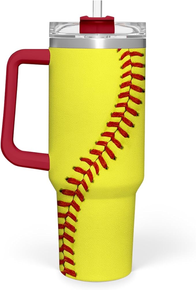 SANDJEST Softball Tumbler with Handle 40oz, Insulated Stainless Steel Cup with Lid & Straw, Sports Lover Gift for Men, Coach, Player, Christmas, Birthday - Bloomnest