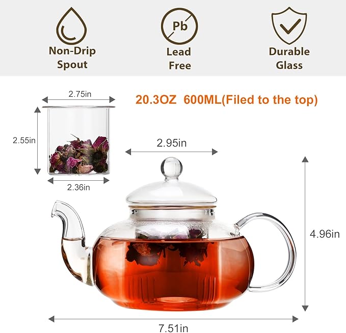 CnGlass 33.8oz Glass Teapot with Removable Infuser,Stovetop Safe Tea Kettle with Glass Tea Warmer 5.3 in/13.5cm Diameter - Bloomnest