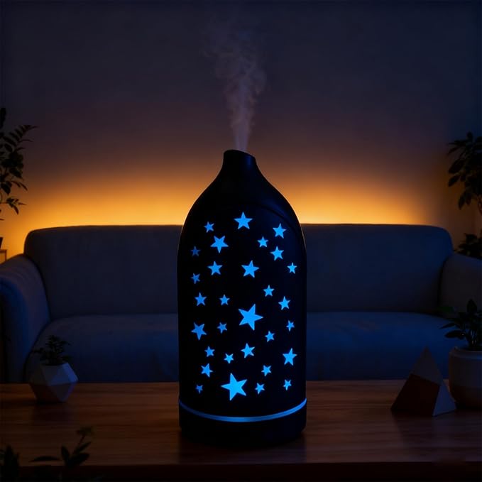 Aromatherapy Diffusers,7.1''x3.5''Diffuser with 3 Essential Oil Set,Small 200ml Office Desk Humidifier with 7 LED Colors Night Lights,Waterless Auto-Off for Home Decor Gift (Star Dark Wood Grain) - Bloomnest