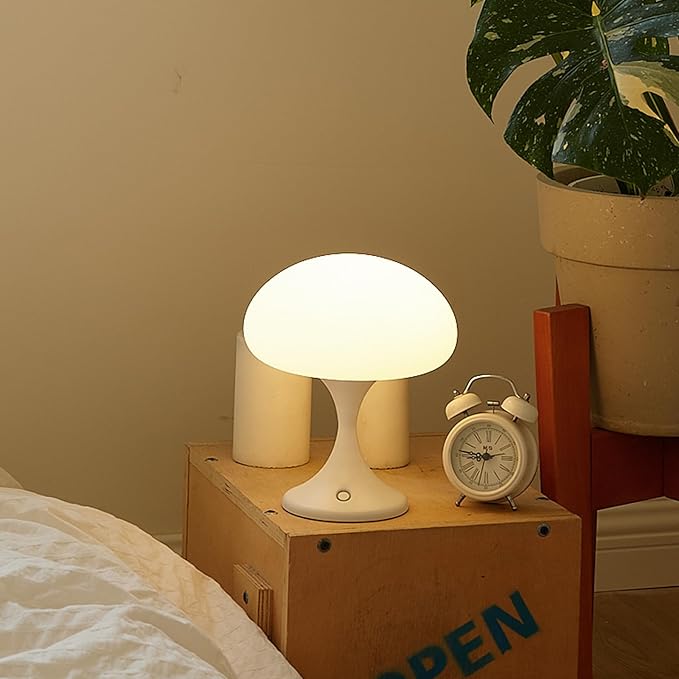 Mushroom Lamp, 5W LED Cordless Rechargeable Table Lamp with Glass Shade, Small Retro Dimmable Touch Light with 3 Color Temps, Aesthetic Mid Century Bedside Light for Bedroom Ambient, White - Bloomnest