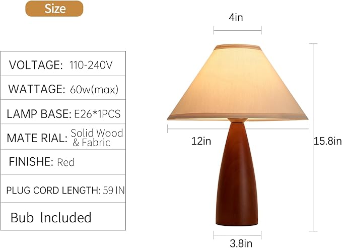 Bedside Table Lamp for Bedroom, Mid-Century Modern Plug in Fabric Shade & Solid Wood Base Desk Lamp, Plug & Play Warm Brown Nightstand Lamp for Living Room, Office, Switch Power Cord 【Bulb Included】 - Bloomnest