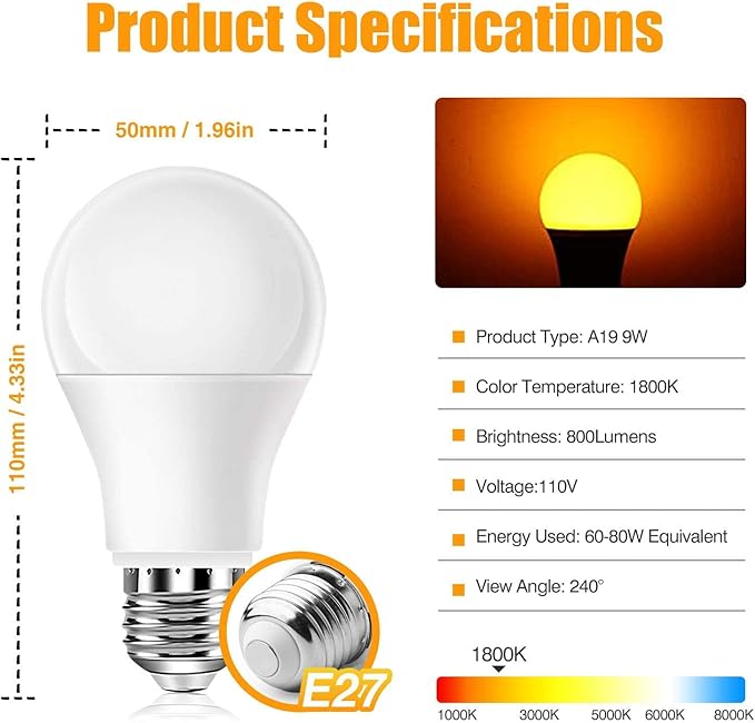 Neporal Amber Sleep Light Bulbs 1800K 3PK, 9W 60 Watt Equivalent, 99.96% Blue Blocking Soft Warm Light Bulbs A19, Amber Night Light E26 for Bedroom and Baby Nursery Light - Bloomnest