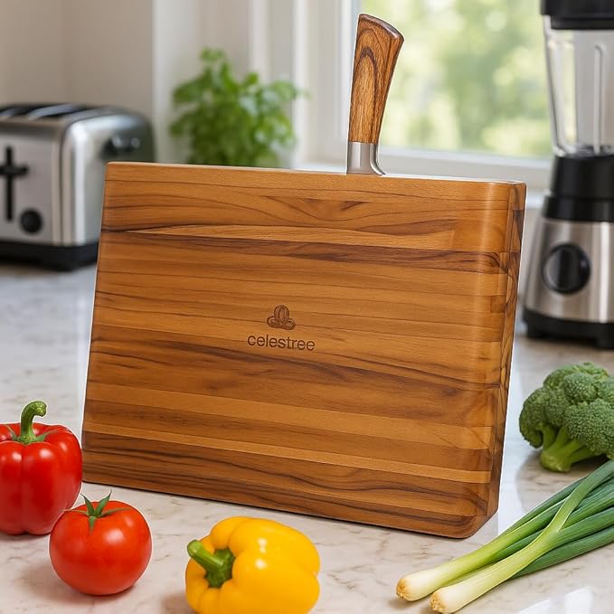2 - in - 1 Magnetic Knife Block Holder with 16"x11" Teak Cutting Board, Crafted from Premium Natural Teak Wood,Juice Grooves, Kitchen Organizer for Home Chefs - Bloomnest