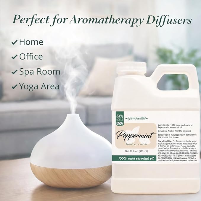 GreenHealth Peppermint Essential Oil 16 fl oz (473 mL) - 100% Pure Mentha Arvensis Oil for Diffusers, Candle Making, Soap Making, DIY Blends, Home Fragrance Greenals