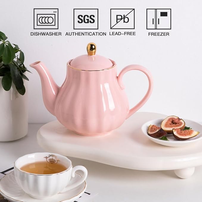 Sweejar Royal Teapot, Ceramic Tea Pot with Removable Stainless Steel Infuser, Blooming & Loose Leaf Teapot - 40 Ounce (Pink) - Bloomnest
