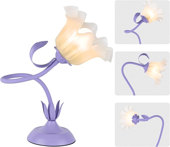 Cute Flower Desk Lamp, 3 Color Temperature Table Lamp with LED Bulb, Vintage Bedside Lamps, Reading Lamps with Soft Light for Bedroom, Living Room（Purple） - Bloomnest